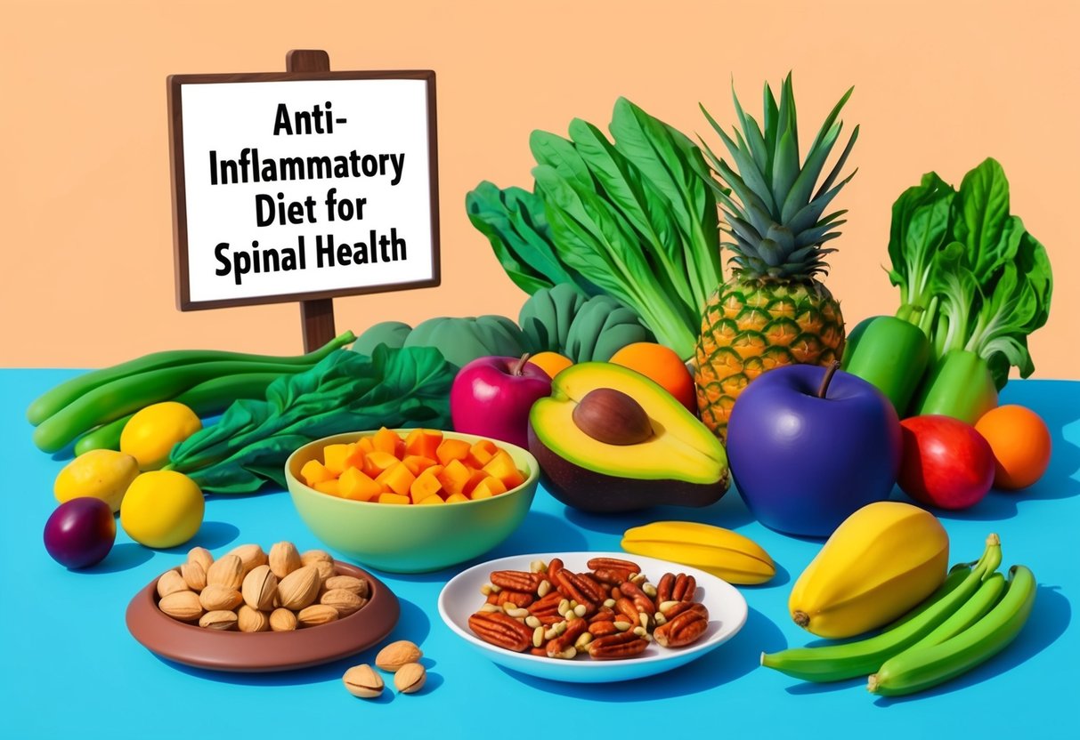 A table with colorful fruits, vegetables, and nuts. A sign reads "Anti-inflammatory diet for spinal health."