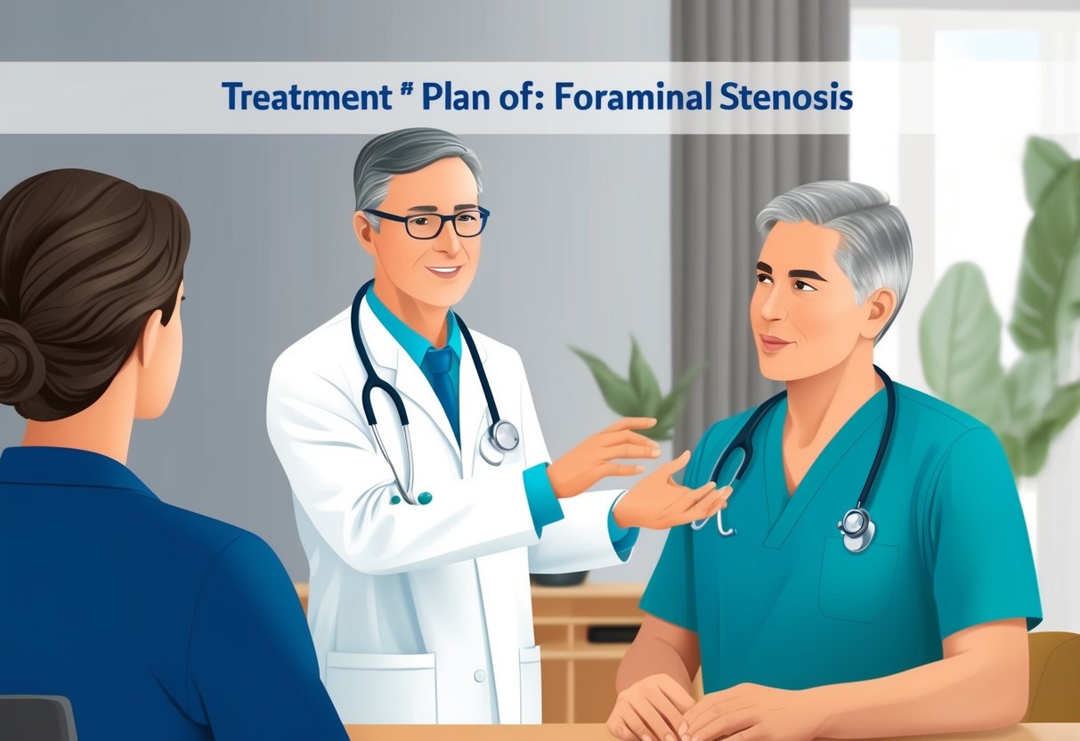 A doctor explaining a treatment plan to a patient with foraminal stenosis