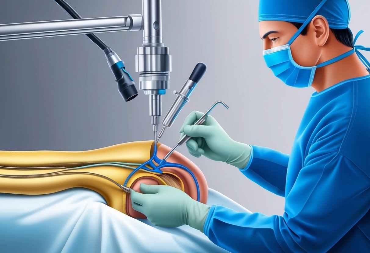 A surgeon performing a minimally invasive procedure to treat foraminal stenosis, using specialized tools to access and decompress the affected nerve root