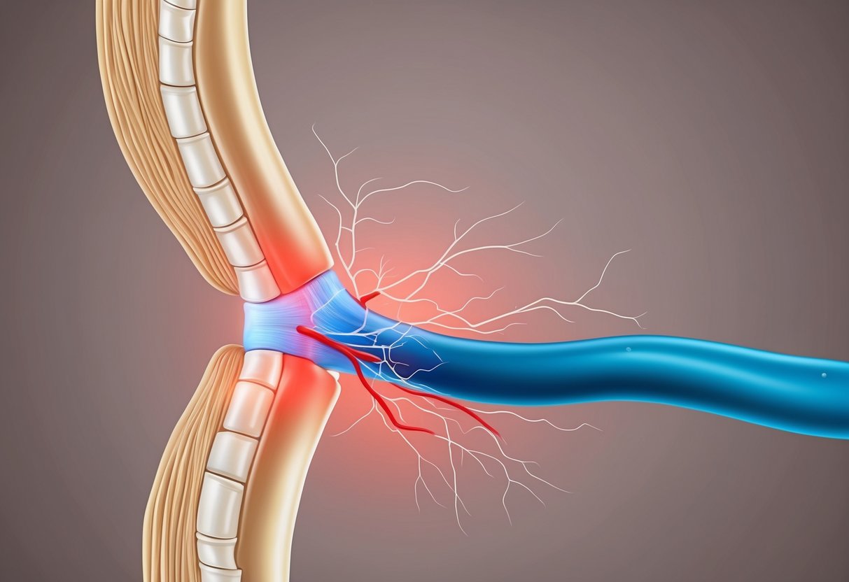 A spinal nerve being compressed by narrowed foraminal space, causing potential nerve damage and pain