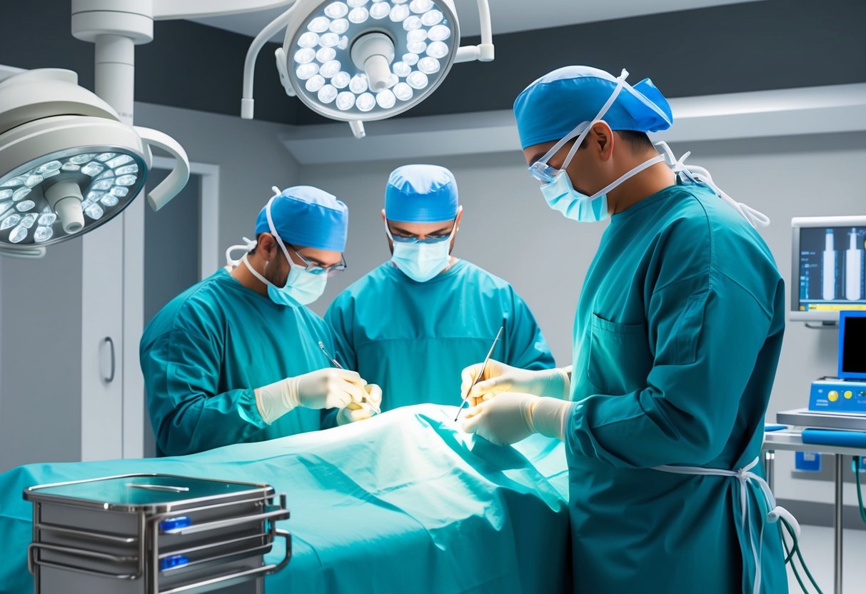 A surgeon performing a minimally invasive procedure to relieve foraminal stenosis, using specialized tools and equipment in a modern operating room