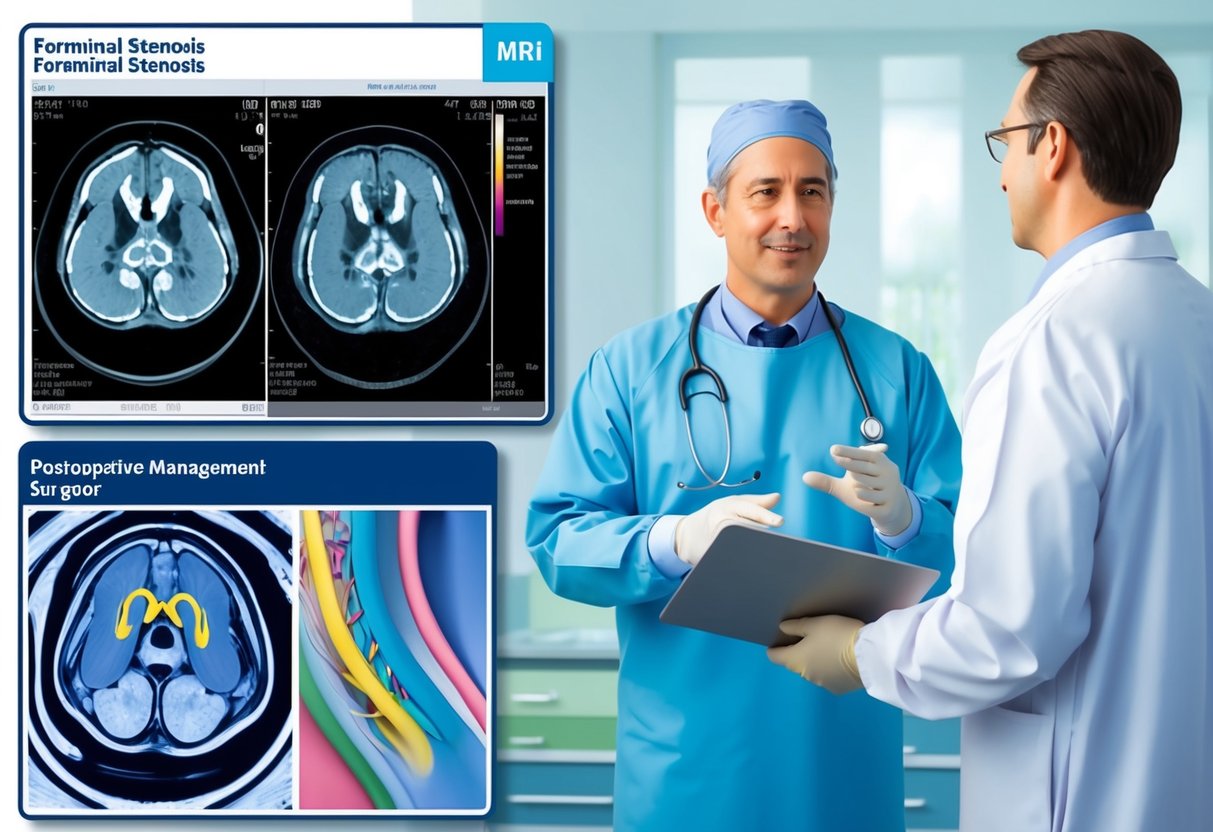 A patient's MRI scan showing foraminal stenosis with a surgeon reviewing postoperative management and discussing long-term results