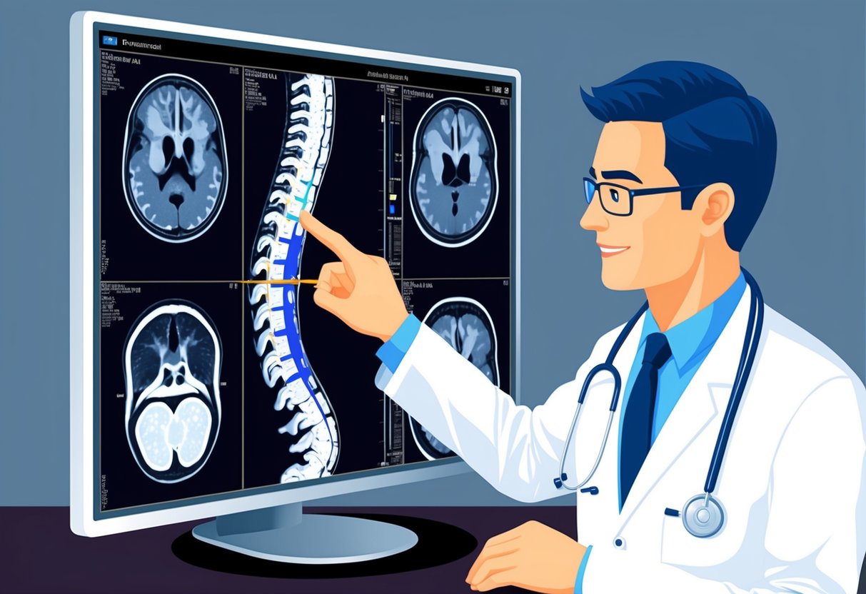 A doctor reviewing MRI scans of a spinal column, pointing to the area of foraminal stenosis