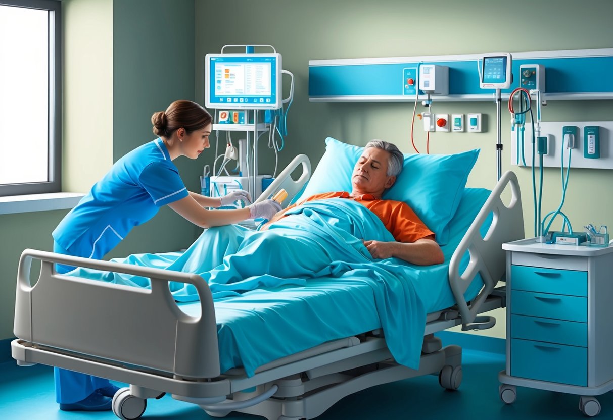 A patient resting in a hospital bed, surrounded by medical equipment and receiving care from a nurse or doctor