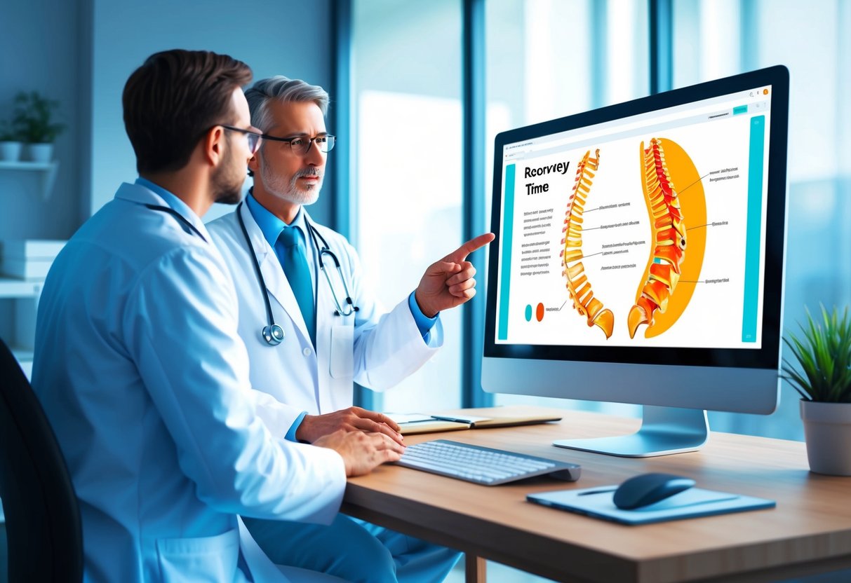 A doctor explaining recovery time to a patient, pointing to a diagram of the spine on a computer screen