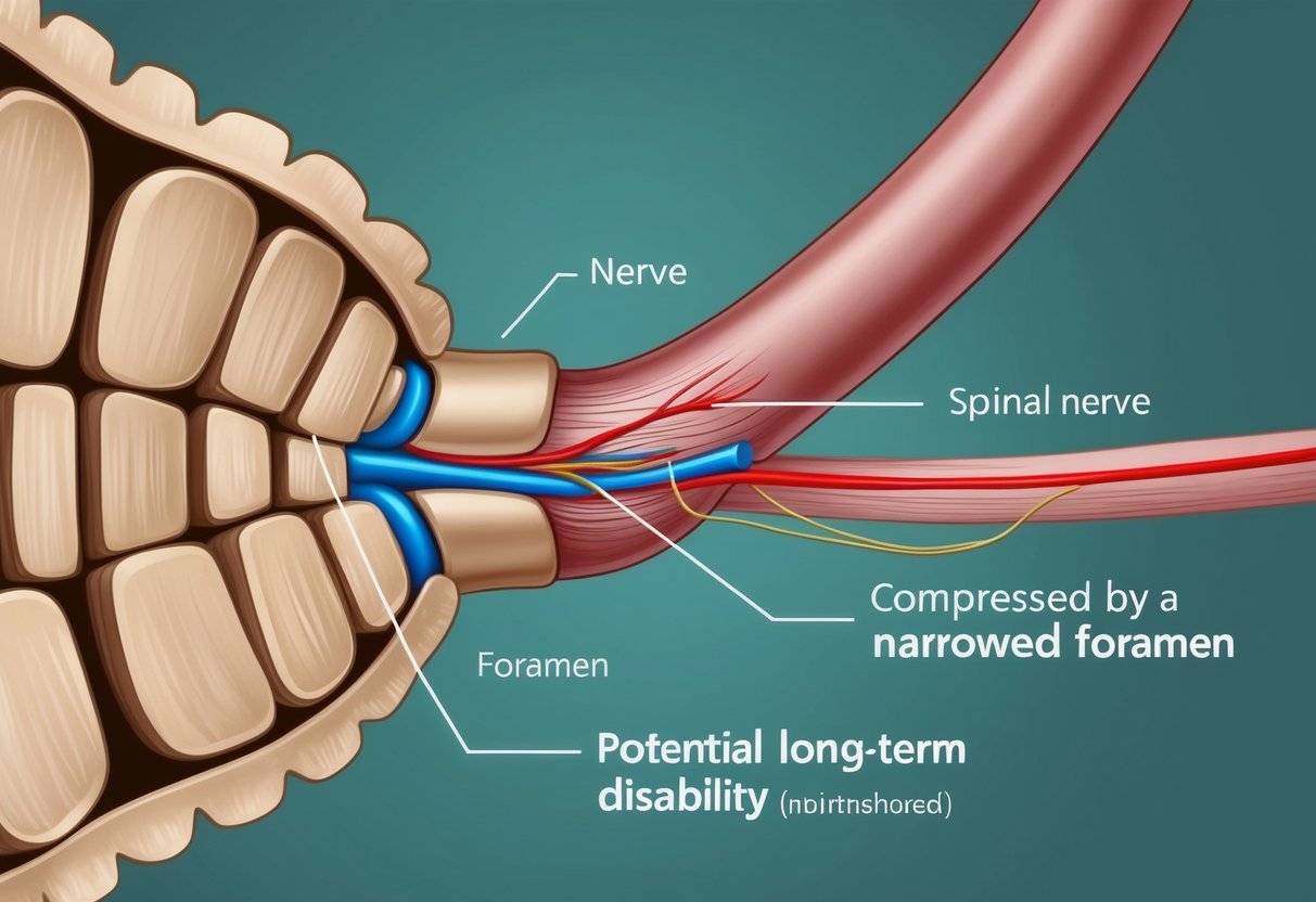 A spinal nerve being compressed by a narrowed foramen, causing potential long-term disability