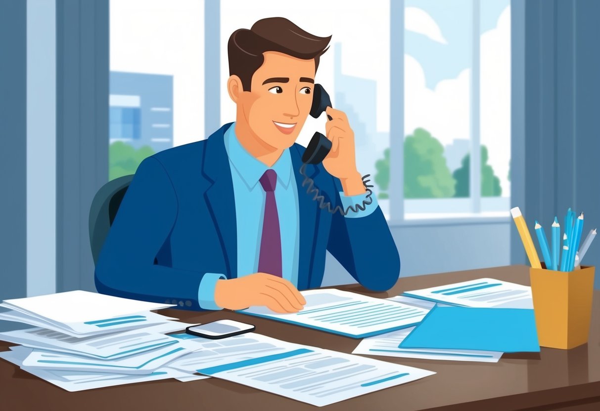 A person sitting at a desk, surrounded by paperwork and legal documents. They are on the phone, speaking with a representative about disability benefits for foraminal stenosis