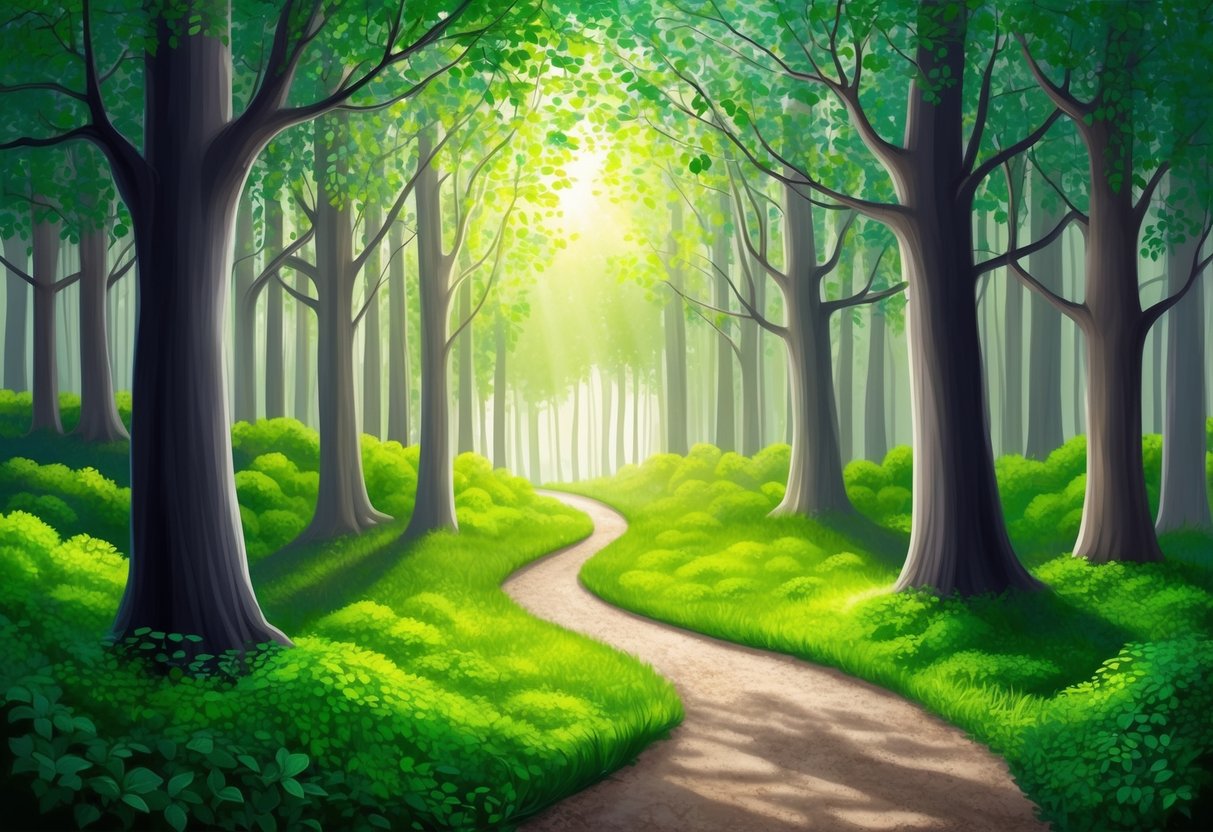 A serene forest with a winding path leading through a canopy of tall trees, dappled sunlight filtering through the leaves onto the lush green undergrowth