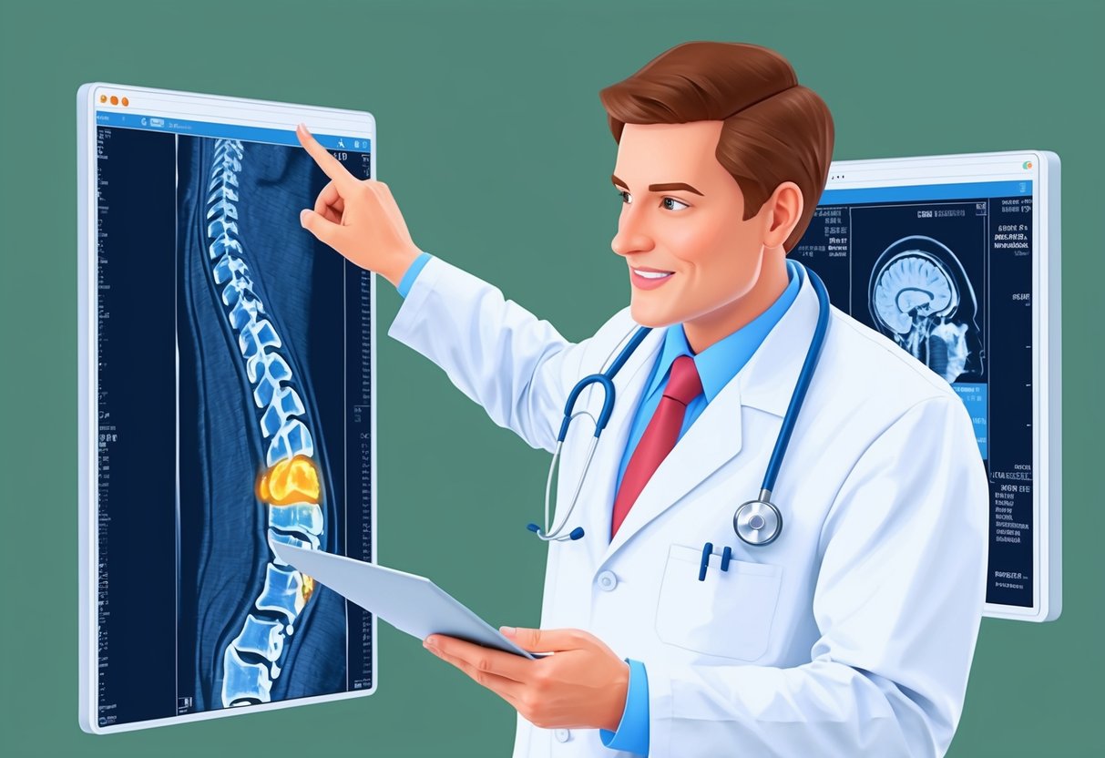 A doctor reviewing MRI scans of a spinal column, pointing to the area affected by foraminal stenosis