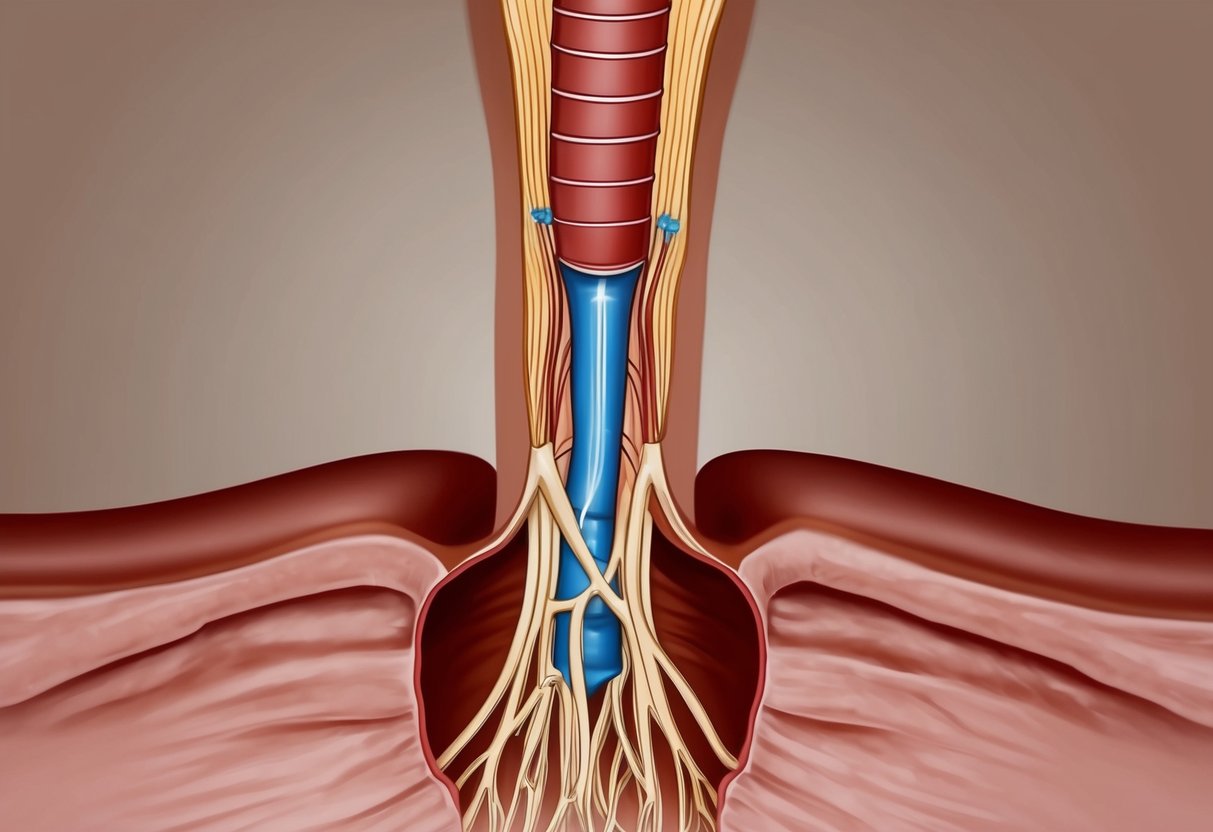 A narrow spinal canal with compressed nerve roots and restricted foraminal openings