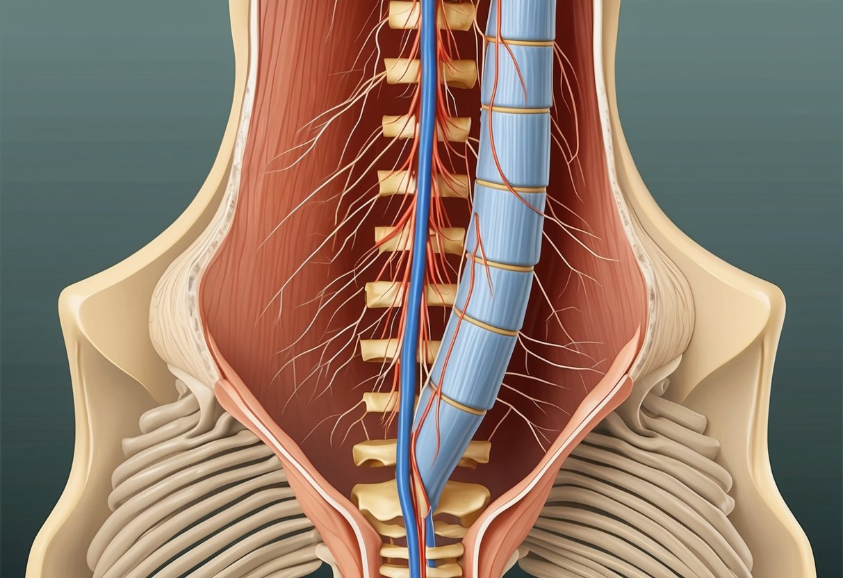 A narrow spinal canal with nerves compressed, causing pain and numbness in the lower body