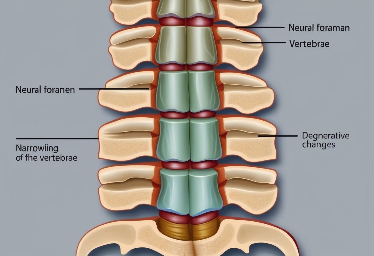 A cross-section of a spinal column showing narrowing of the neural foramen and degenerative changes in the vertebrae