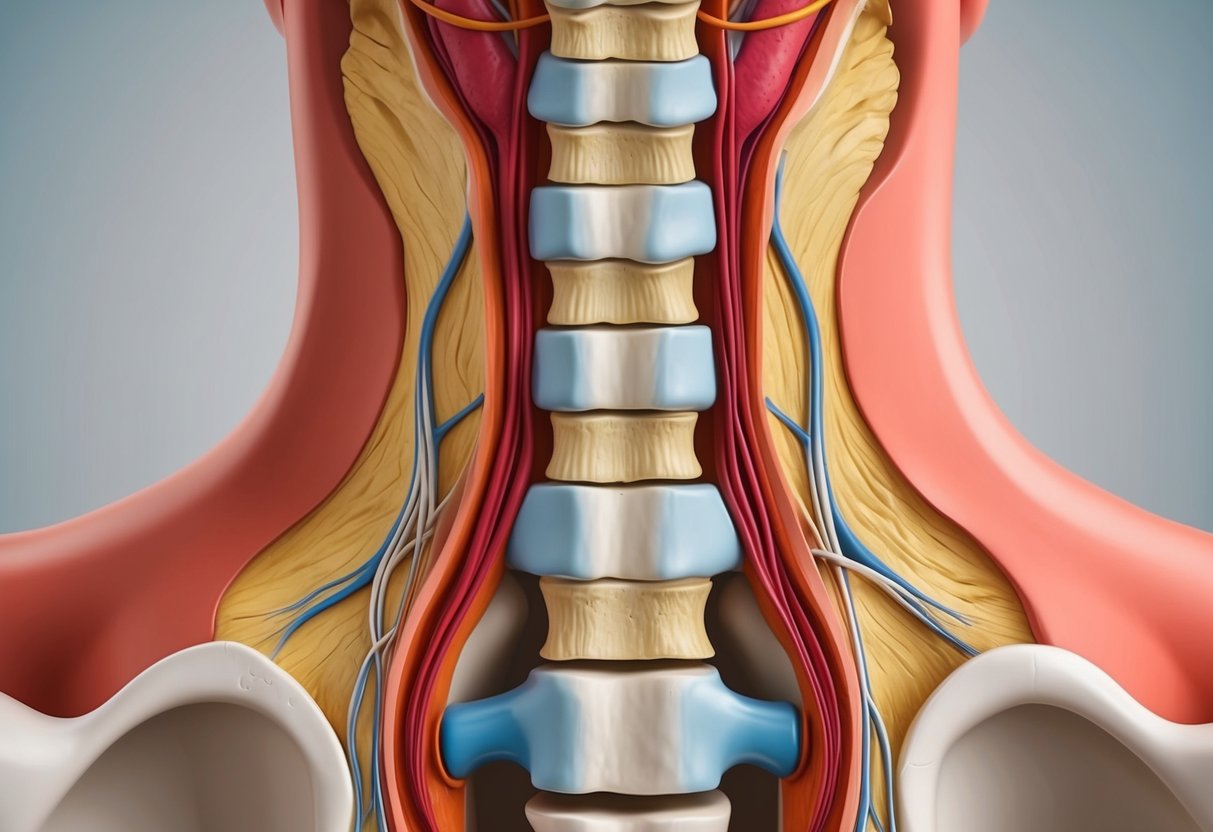 A cross-section of the spinal column with narrowing of the foraminal canal and degeneration of the surrounding vertebrae