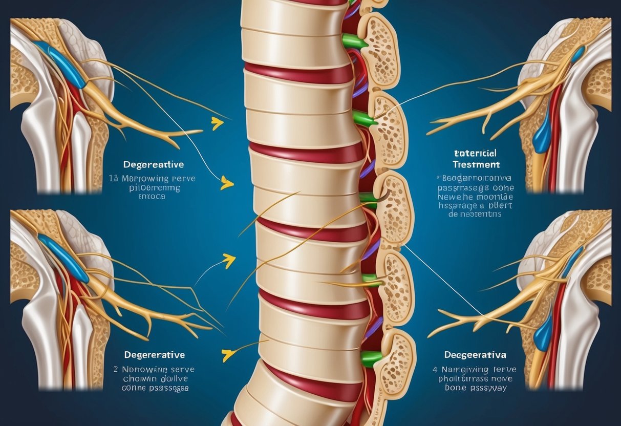 A spinal column with narrowing nerve passageways, surrounded by degenerative bone growth and potential treatment options