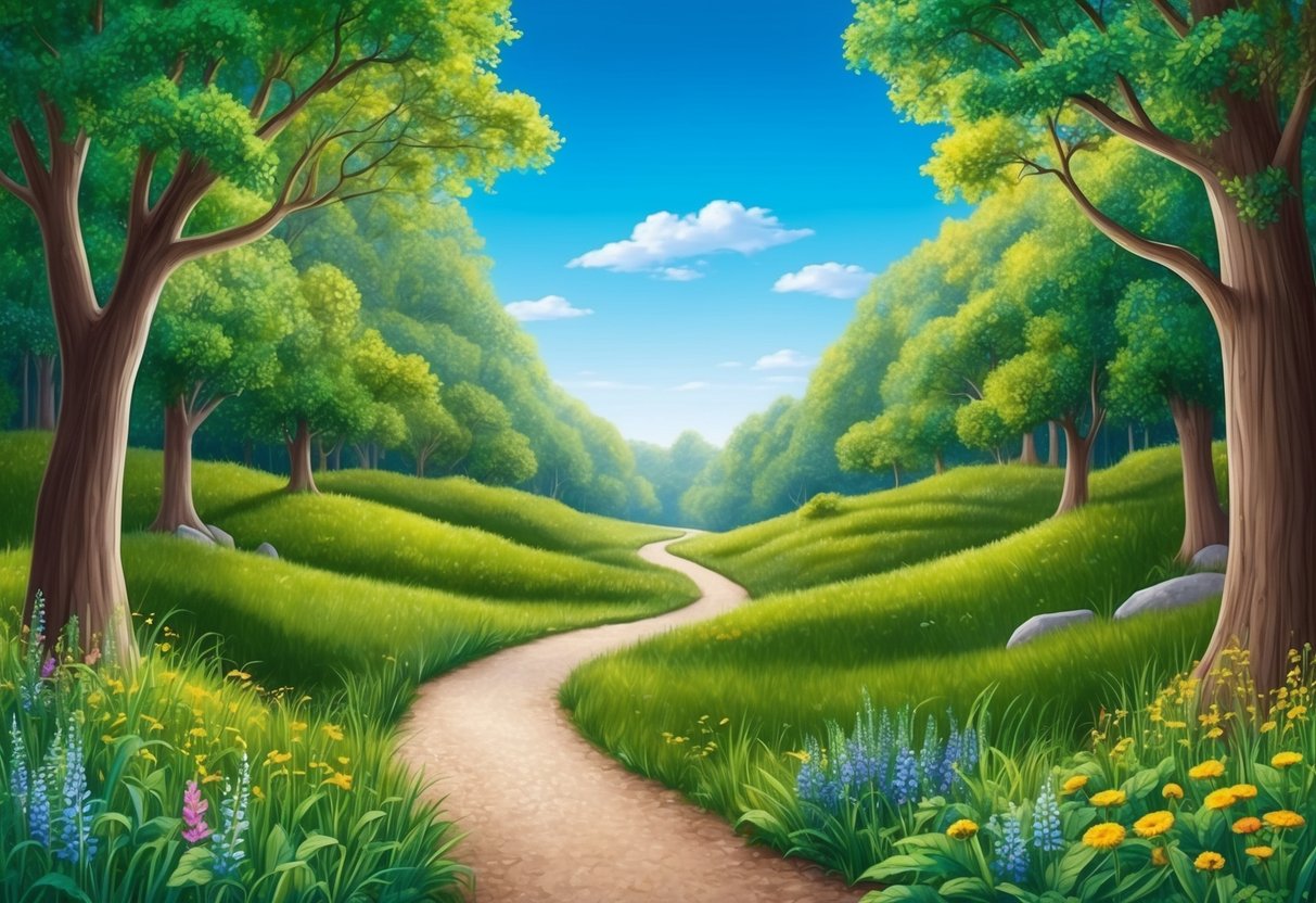 A serene forest with a winding path, surrounded by lush greenery and vibrant wildflowers, with a clear blue sky overhead