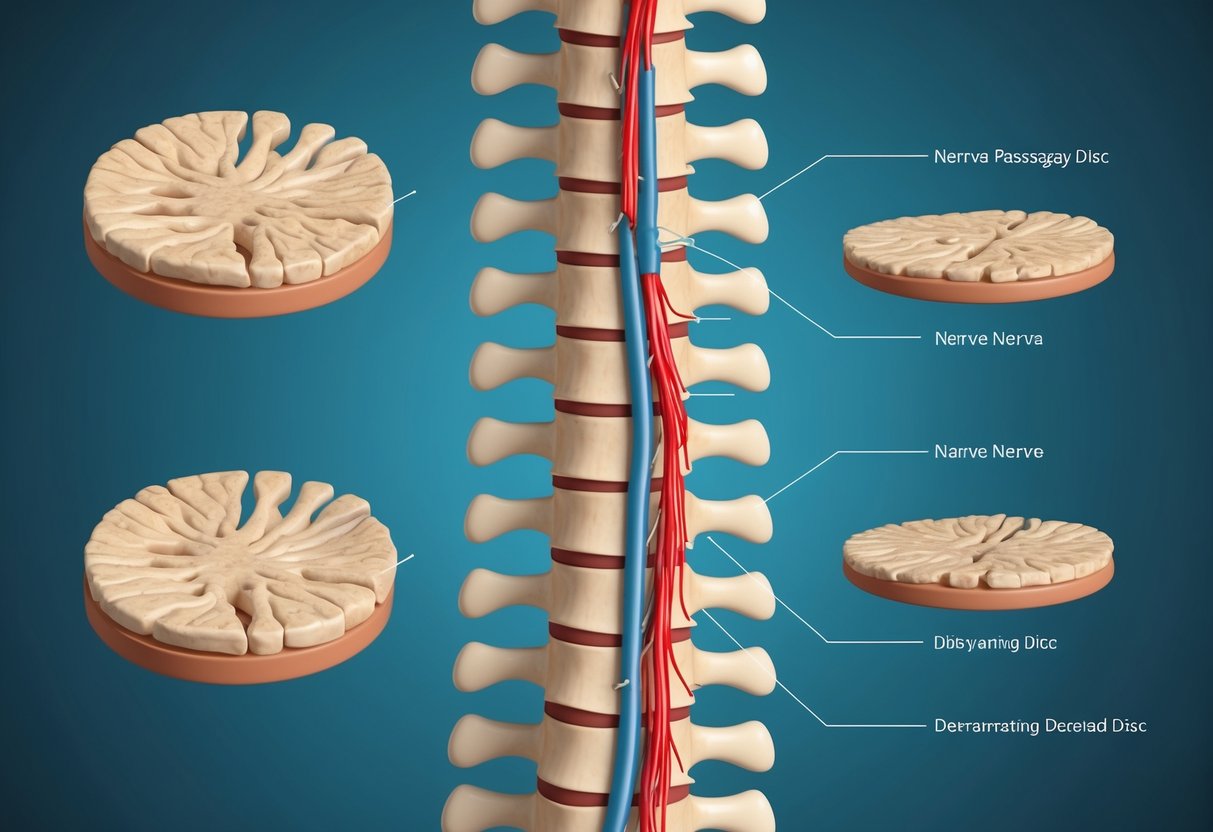 A spinal column with narrowed nerve passageways and deteriorating discs