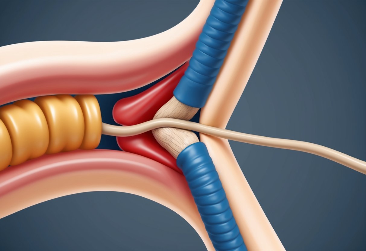 A spinal nerve being compressed by a narrowed foraminal opening, causing pain and weakness in the affected area