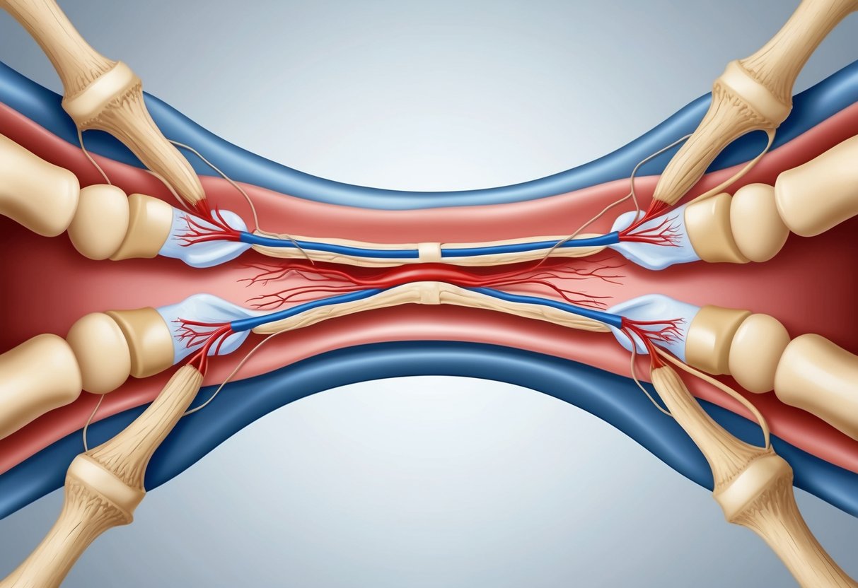 A medical illustration of a narrowed spinal canal, with compressed nerve roots and surrounding bone structures