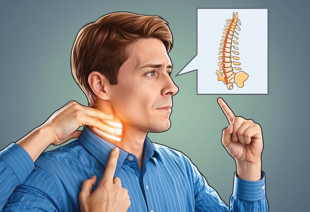 A person with a concerned expression, holding their neck in discomfort, while pointing to a diagram of the spine with a highlighted area