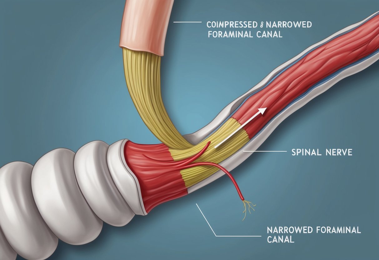 A spinal nerve being compressed by a narrowed foraminal canal