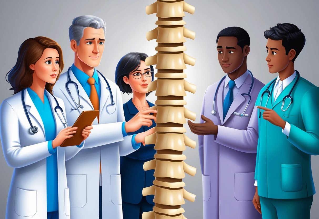 A spinal column with a narrowed opening, surrounded by medical professionals and concerned individuals