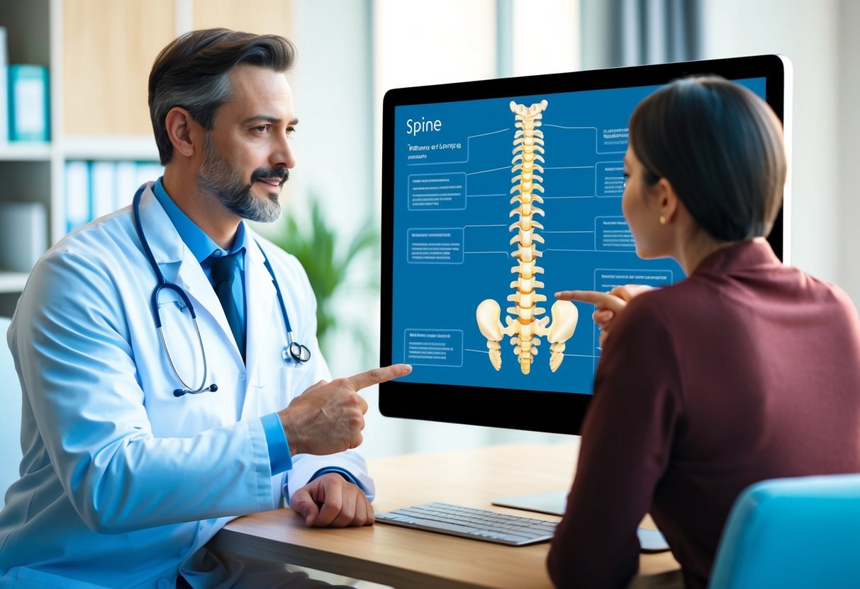 A doctor discussing treatment options with a patient, pointing to a diagram of the spine on a computer screen