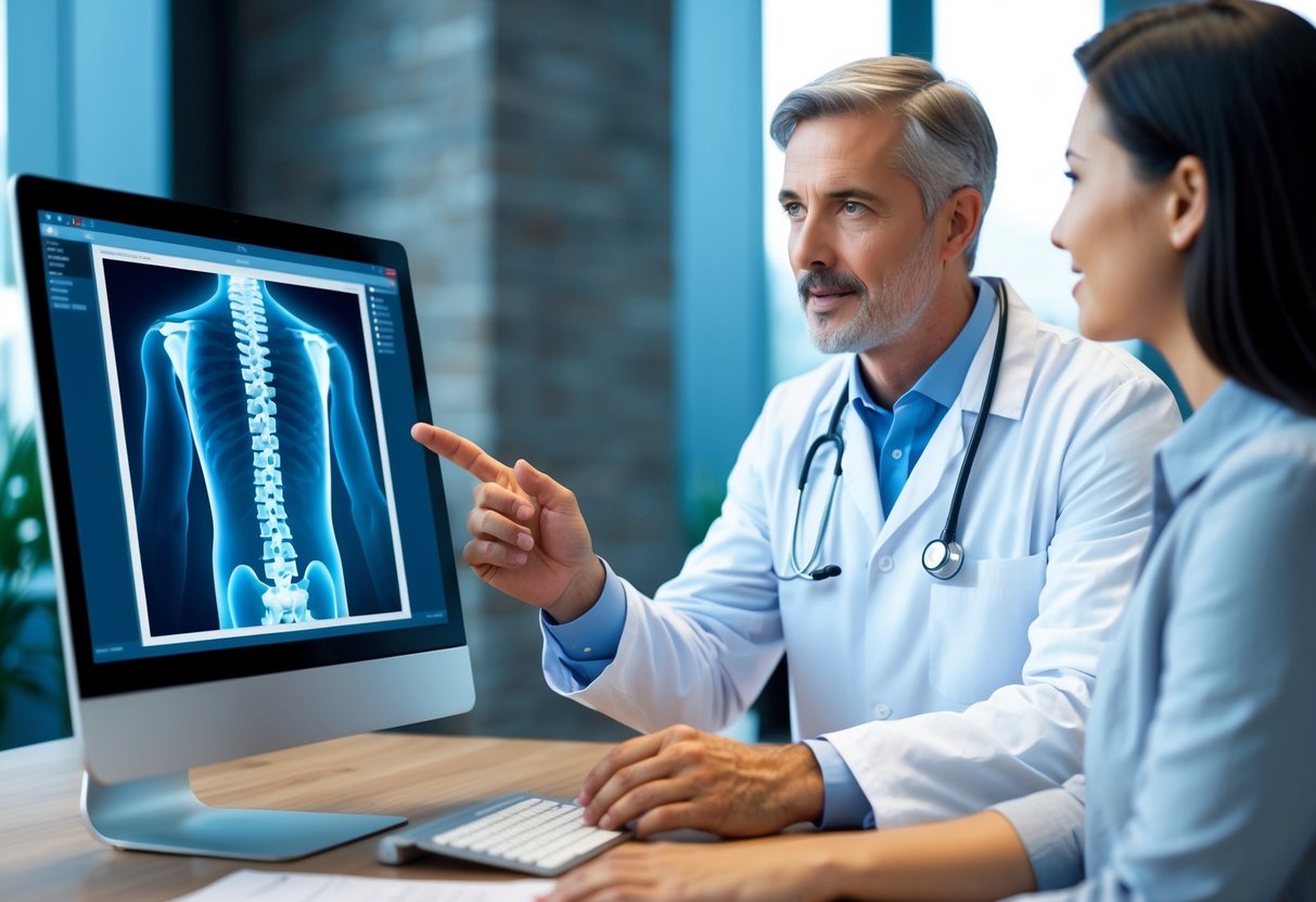 A doctor consulting with a patient, pointing to a diagnostic image of the spine on a computer screen