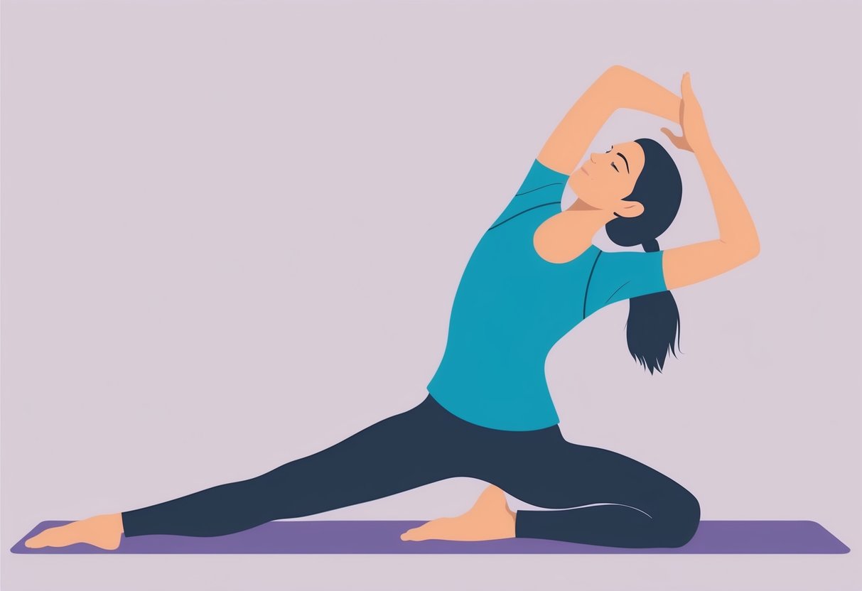 A person performing yoga, avoiding neck flexion, with a focus on gentle stretching and strengthening exercises