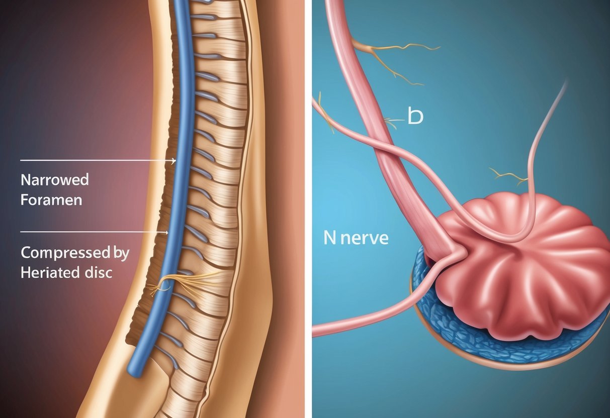 A spinal nerve constricted by a narrowed foramen, contrasting with a nerve compressed by a herniated disc