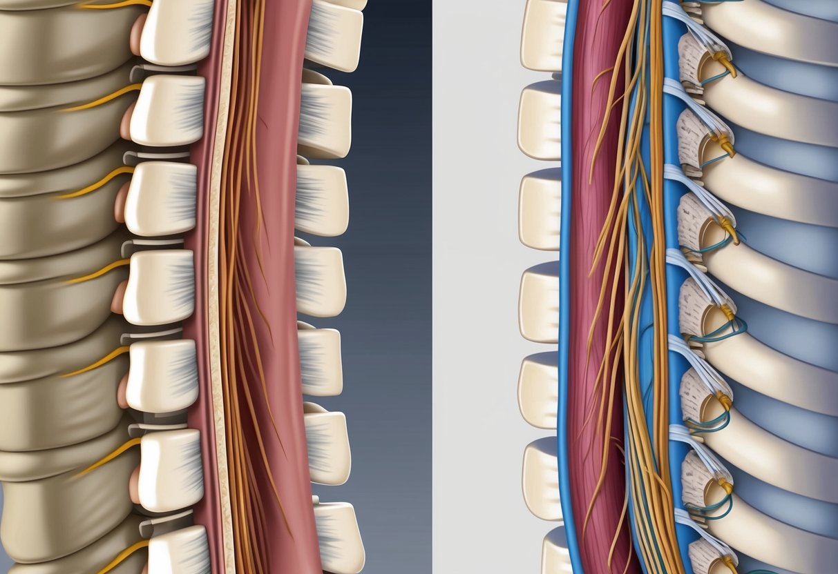 A detailed illustration of the spinal column, with a focus on the foraminal canal and the nerves, contrasting foraminal stenosis and sciatica