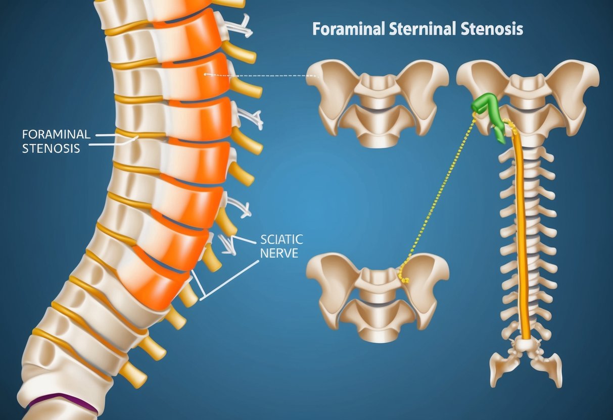 A detailed illustration of a spinal column with a highlighted foraminal stenosis area and a separate depiction of the sciatic nerve pathway