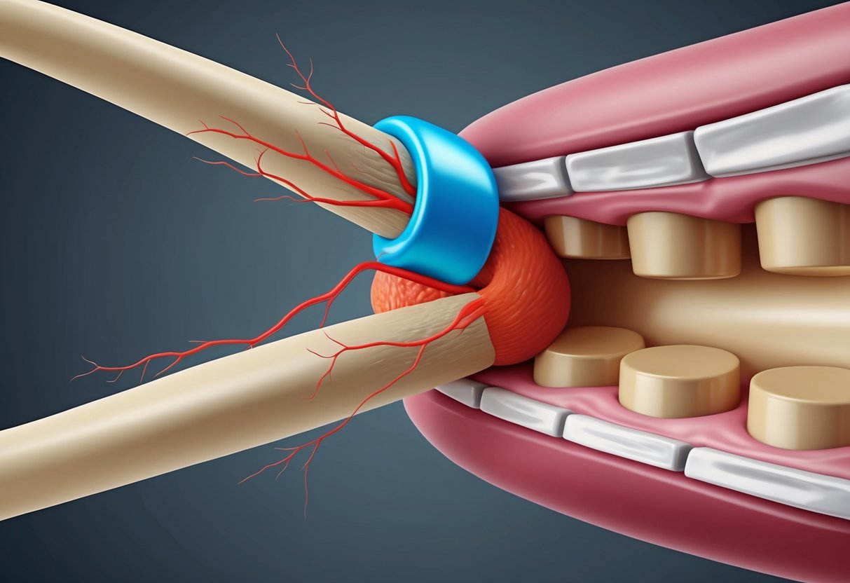 A spinal nerve being compressed by a bulging disc in the spinal canal