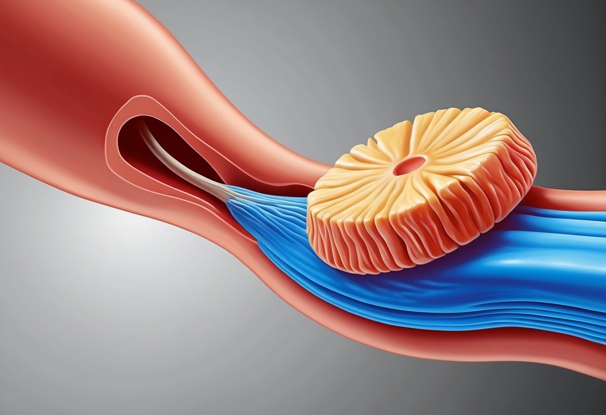 A spinal disc bulging into a nerve opening, causing compression