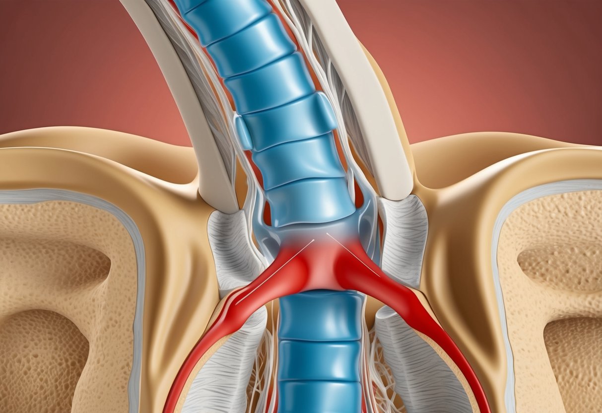 A detailed cross-section of the spine, focusing on the foraminal canal with clear signs of stenosis