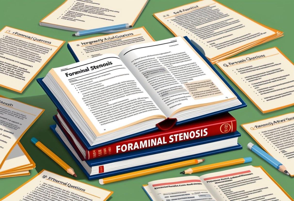 A stack of medical journals open to an article on foraminal stenosis, surrounded by a collection of frequently asked questions