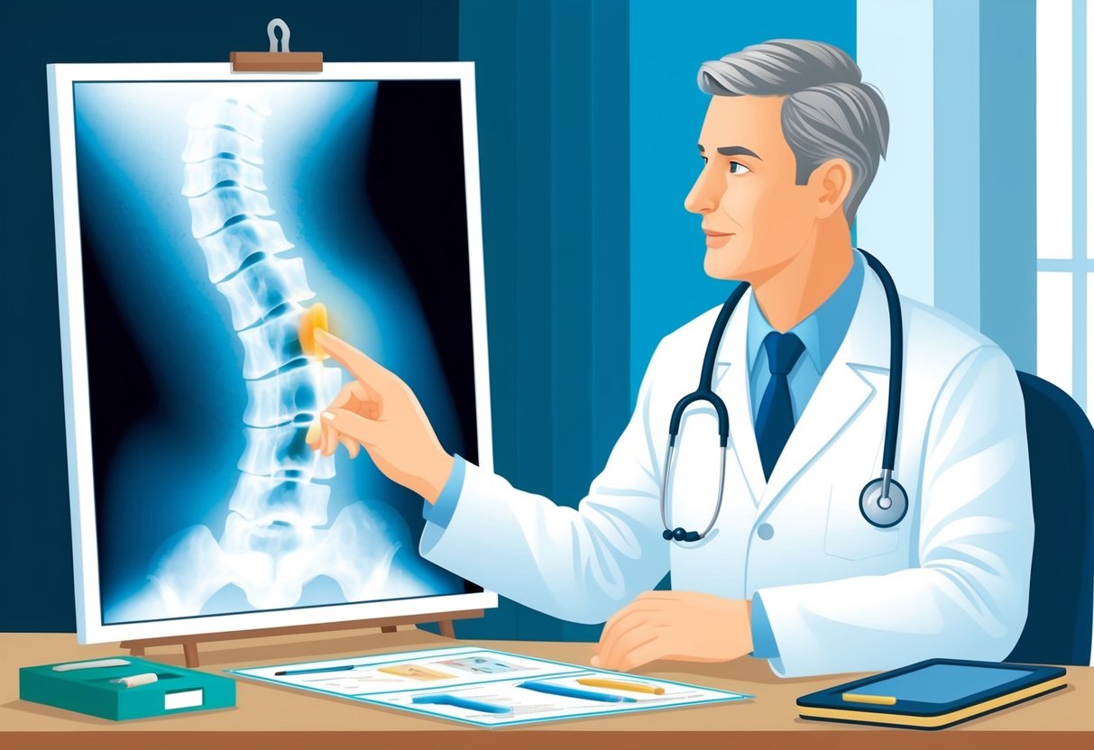 A doctor carefully examines an x-ray of the spine, pointing out the area affected by foraminal stenosis. Various treatment options are displayed on a nearby table