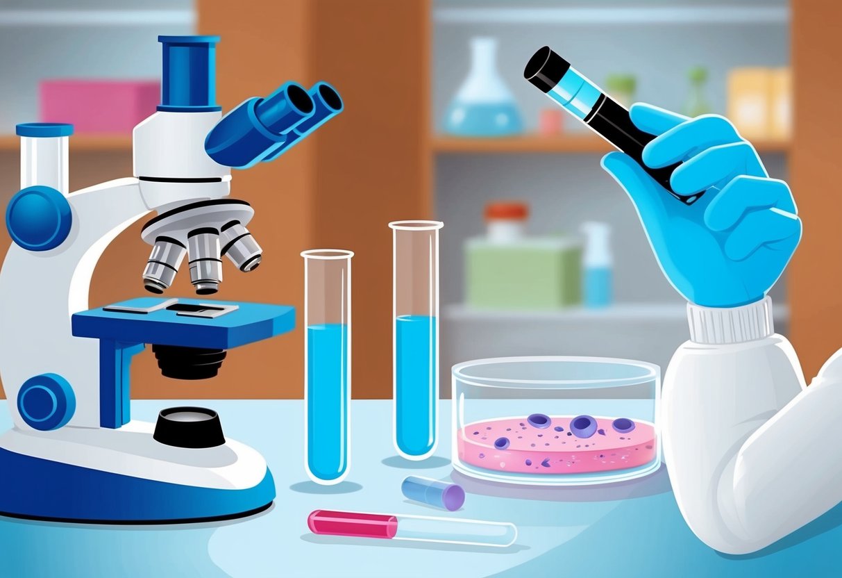 A lab setting with a microscope, test tubes, and a petri dish containing stem cells