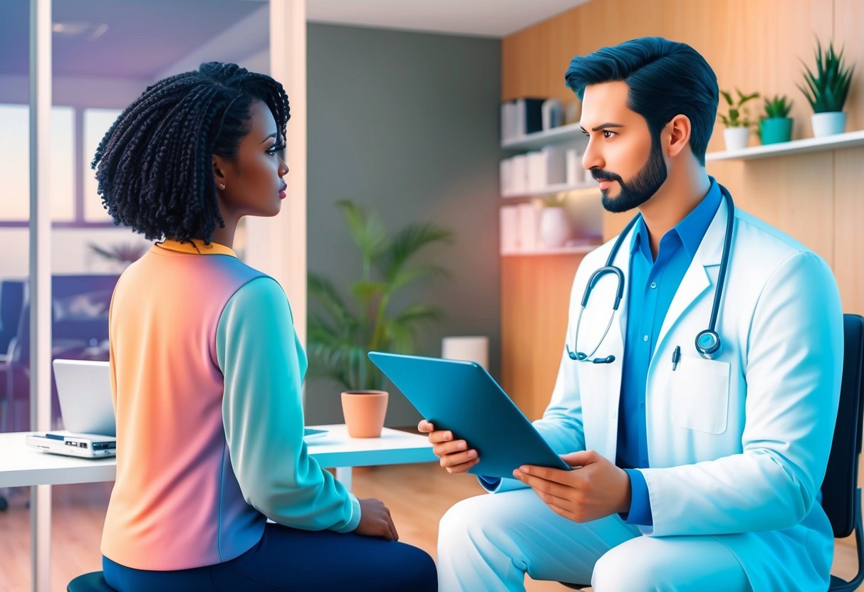 A doctor discussing stem cell therapy with a patient in a modern clinic setting