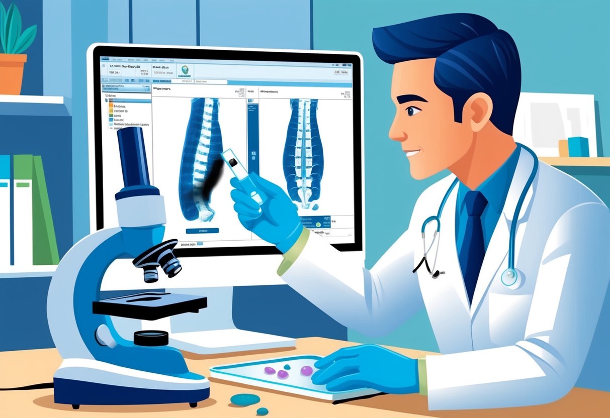 A doctor in a lab coat examines a microscope slide with stem cells while a patient's MRI scan of the spine is displayed on a computer screen