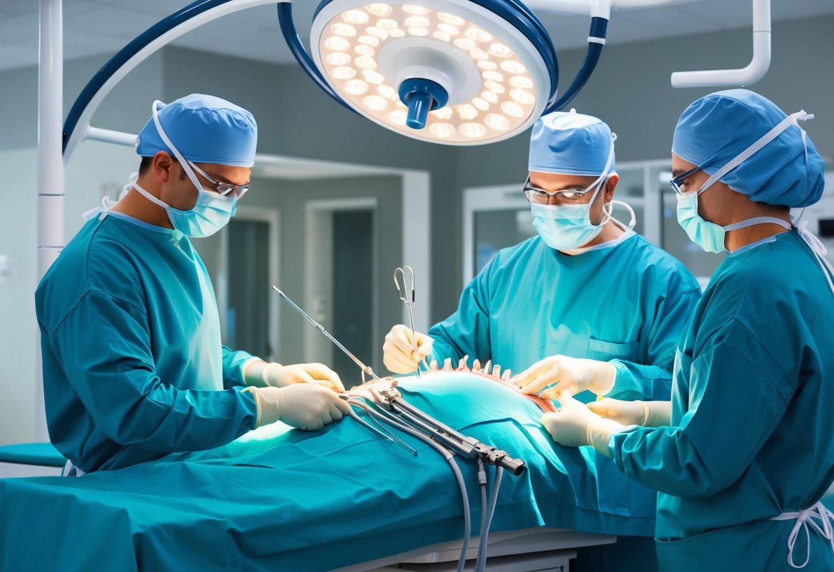 A surgeon performing minimally invasive spine surgery using specialized instruments and a high-tech operating room