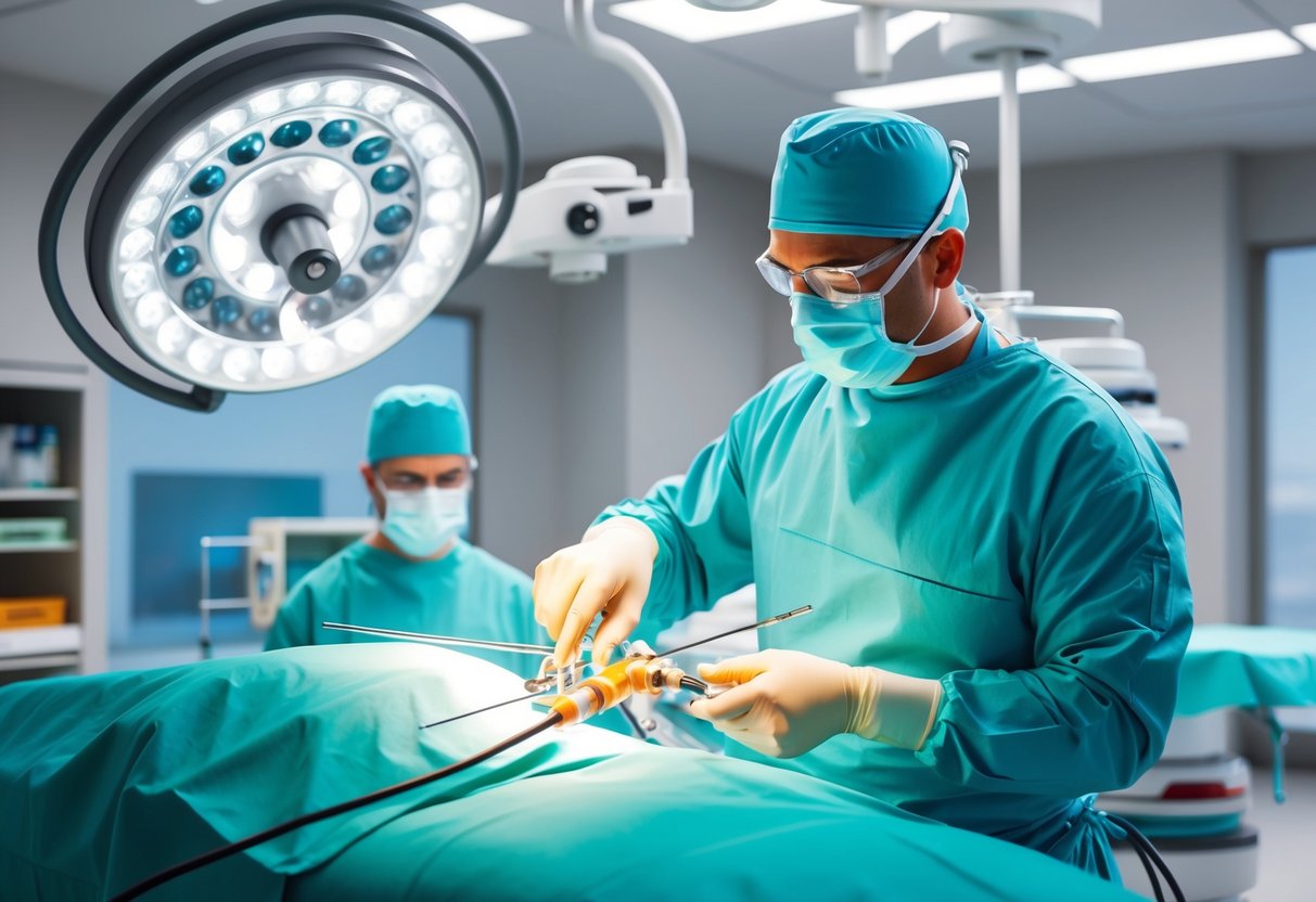 A surgeon using advanced tools to perform minimally invasive spine surgery in a modern operating room