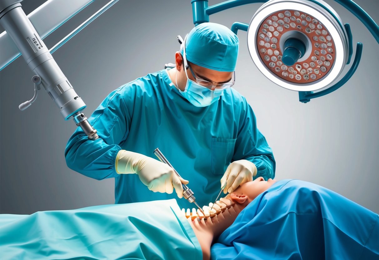 A surgeon operating with advanced tools on a patient's spine