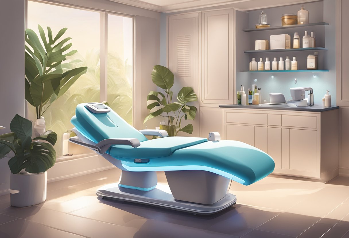 A serene spa room with a reclining chair, soft ambient lighting, and a HydraFacial machine positioned next to a table with skincare products and tools