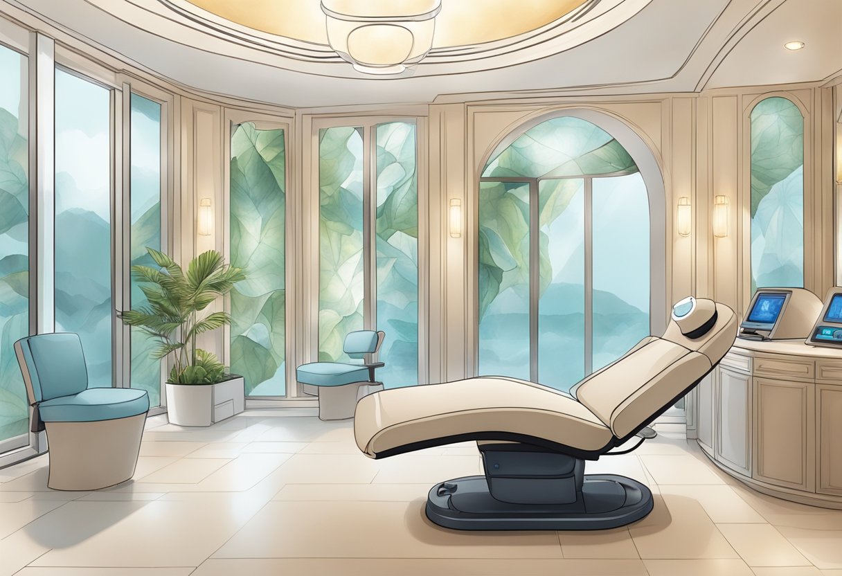 A serene spa room with a reclining chair, soft lighting, and a HydraFacial machine set up for a rejuvenating skin treatment