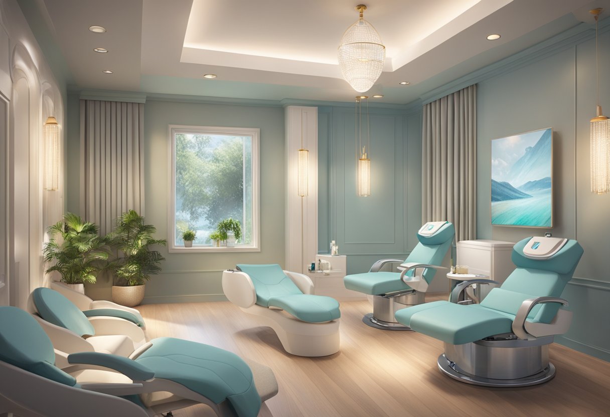 A serene spa room with a reclining chair and a sleek HydraFacial machine, surrounded by soft lighting and calming decor