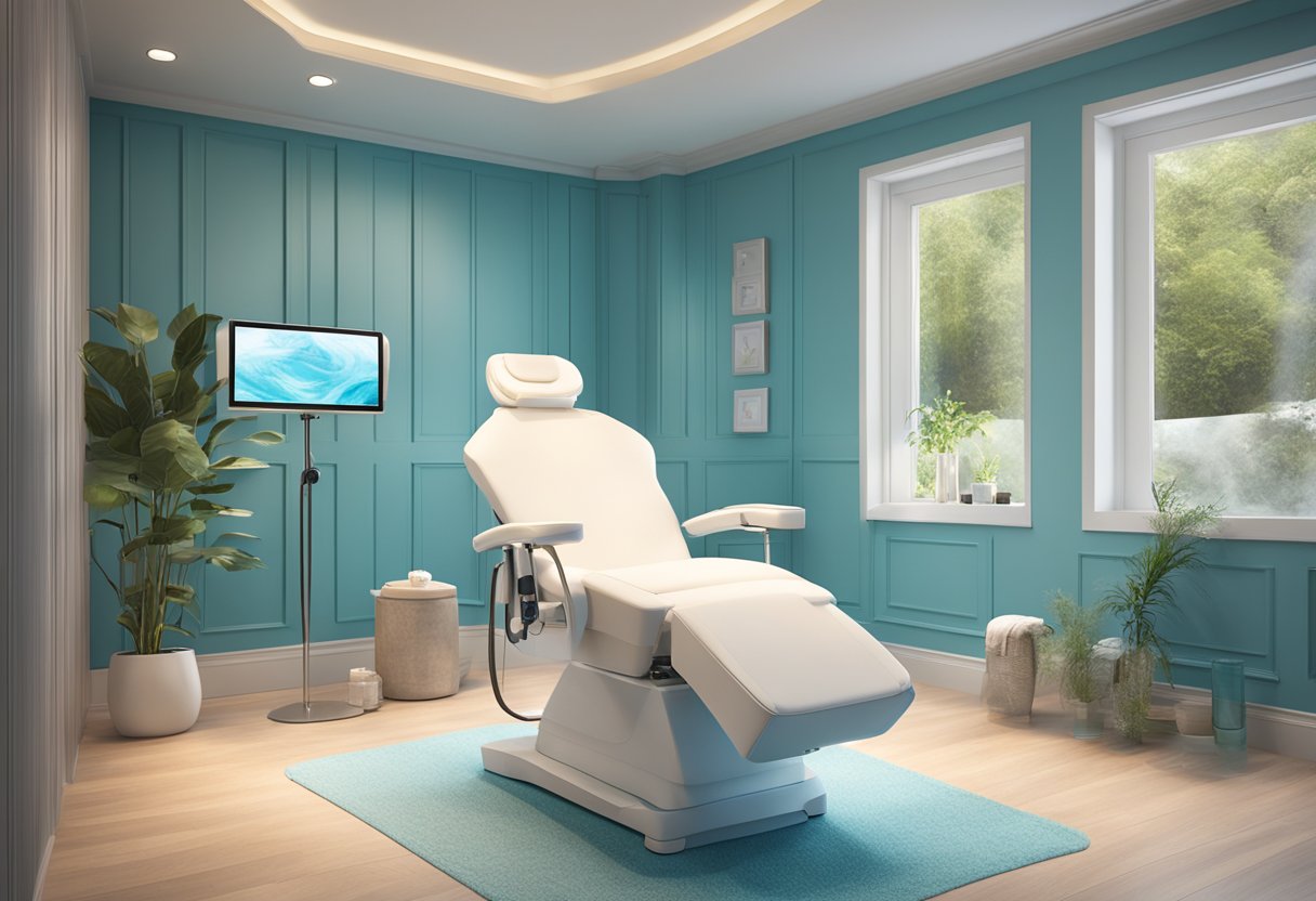 A serene spa room with a reclined treatment chair, soft lighting, and a HydraFacial machine ready for use