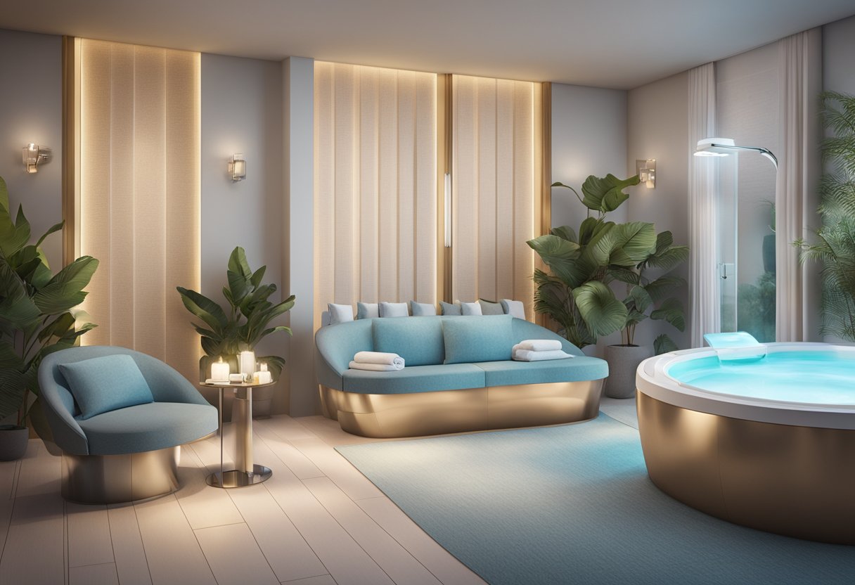 A serene spa room with a HydraFacial machine and comfortable seating. Soft lighting and calming decor create a relaxing atmosphere