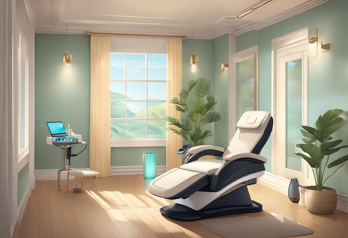 A serene spa room with a reclining chair, soft lighting, and a HydraFacial machine. A calm and peaceful atmosphere with soothing music playing in the background