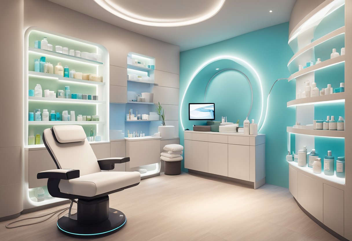 A serene spa room with a reclining chair, soft lighting, and a sleek HydraFacial machine in the center, surrounded by shelves of skincare products