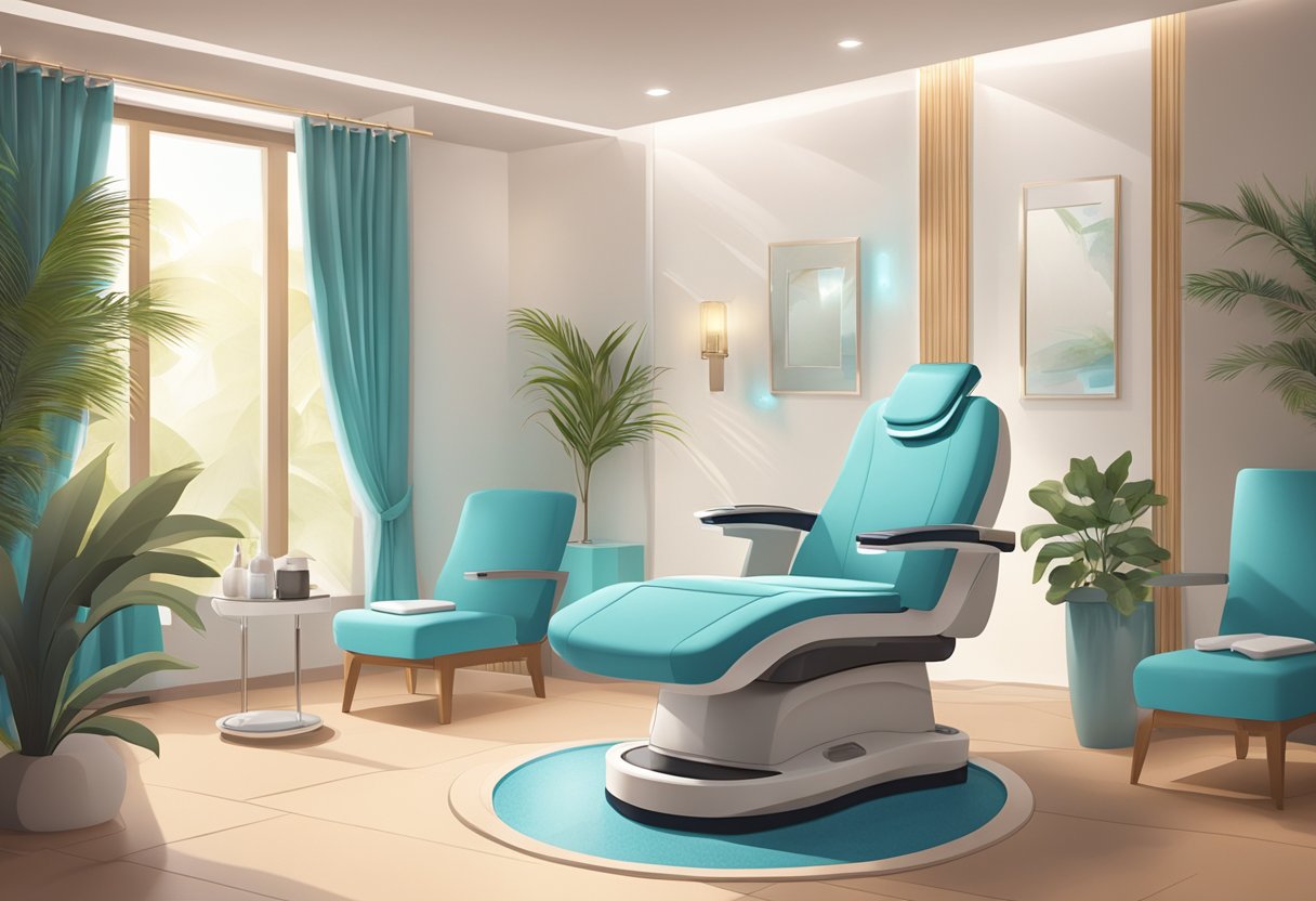 A serene spa room with a comfortable treatment chair, soft lighting, and a HydraFacial machine ready for use